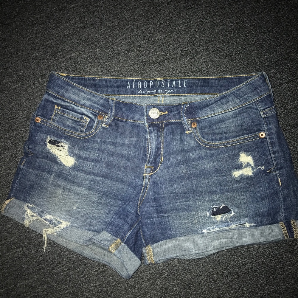 Aeropostale Medium Wash Distressed Midi Shorts